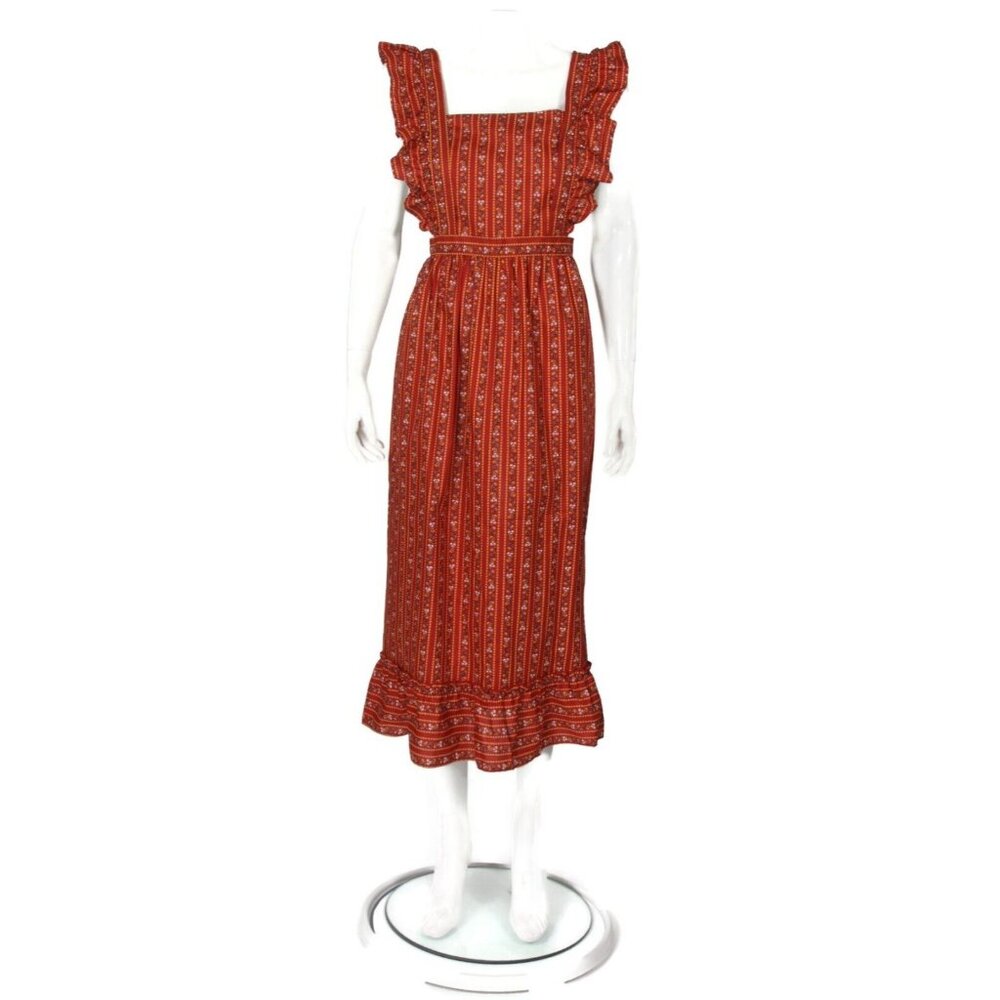 Vtg KITCHEN WORKS Cottage Calico Floral Ruffle Flutter Sleeve Apron Dress /517